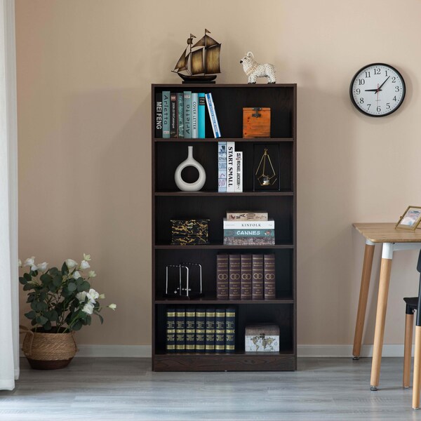 Freestanding Wooden Display Bookshelf, Floor Standing Bookcase, With 5 Open Display Shelves, Brown